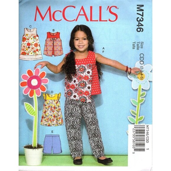 McCall's M7346 Girls 2T to 5 Tops, Dresses, Pants and Shorts Sewing Pattern New - Picture 1 of 2